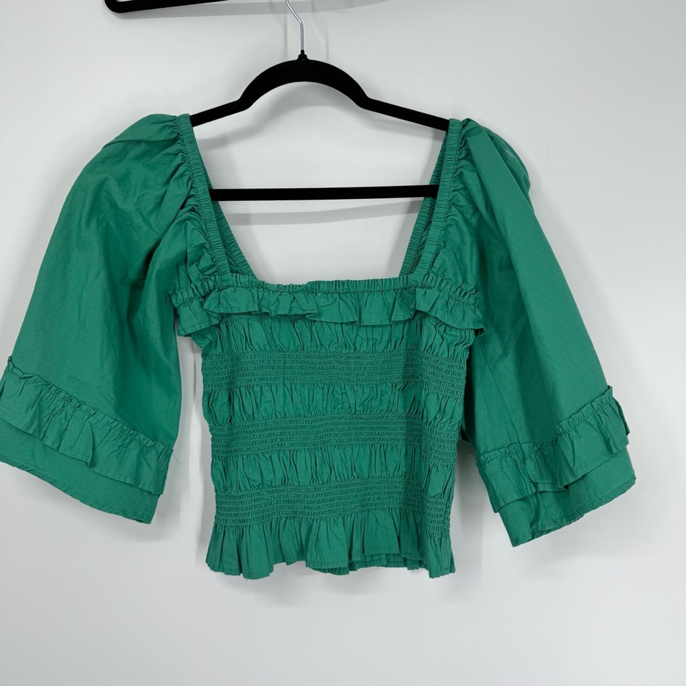NWT Free People Green Smocked Bell Sleeve Top - Picture 6 of 8
